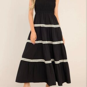 Speechless | Black Tiered Smocked Sundress with White Crochet Lace Trim | XL